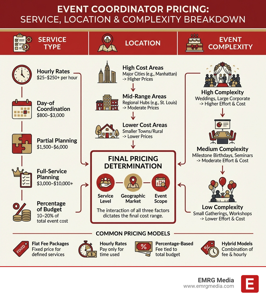 Detailed breakdown of event coordinator pricing by service type, location, and event complexity - event coordinator price list infographic Detailed breakdown of event coordinator pricing by service type, location, and event complexity - event coordinator price list infographic