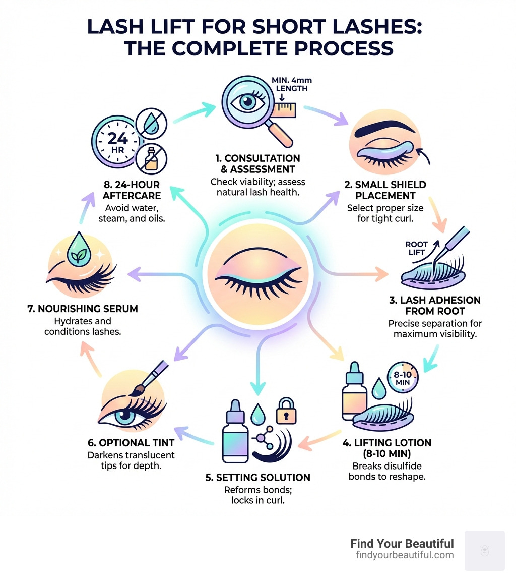 Infographic showing the complete lash lift process for short lashes: consultation and lash assessment at minimum 4mm length, small silicone shield placement on eyelid, lash adhesion to shield from root, lifting lotion application for 8-10 minutes to break disulfide bonds, setting solution to reform bonds and lock curl, optional tint application to darken tips, nourishing serum finish, and 24-hour aftercare period avoiding water and oils - lash lift for short lashes infographic 