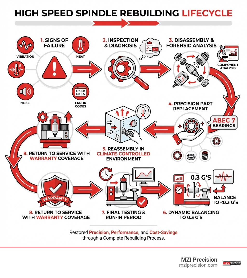INFOGRAPHIC SHOWING THE COMPLETE HIGH SPEED SPINDLE REBUILDING LIFECYCLE: SIGNS OF FAILURE (VIBRATION, HEAT, NOISE, ERROR CODES), INSPECTION AND DIAGNOSIS PHASE, DISASSEMBLY AND FORENSIC ANALYSIS, PRECISION PART REPLACEMENT WITH ABEC 7 BEARINGS, REASSEMBLY IN CLIMATE-CONTROLLED ENVIRONMENT, DYNAMIC BALANCING TO 0.3 G'S, FINAL TESTING AND RUN-IN PERIOD, RETURN TO SERVICE WITH WARRANTY COVERAGE - HIGH SPEED SPINDLE REBUILDING INFOGRAPHIC 