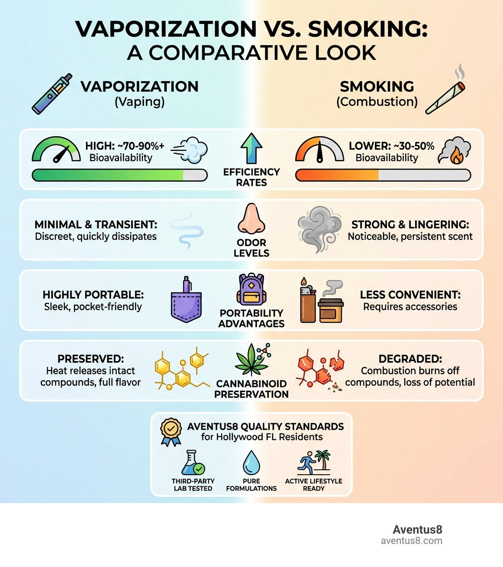 Infographic comparing vaporization vs smoking for THC consumption, showing efficiency rates, odor levels, portability advantages, and cannabinoid preservation benefits, with Aventus8's quality standards for Hollywood FL residents - THC vapes Hollywood FL infographic 