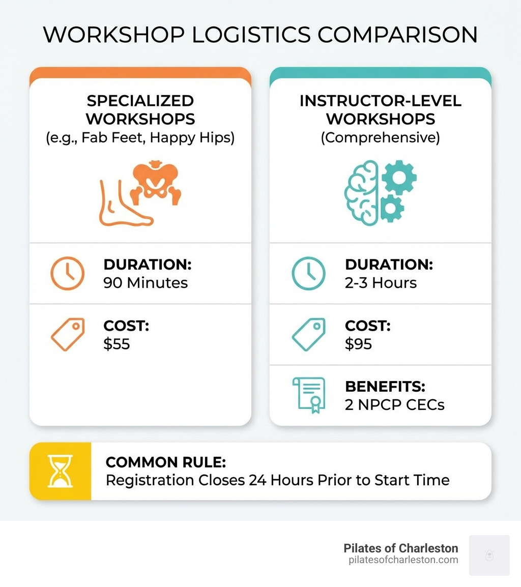 Table comparing workshop logistics: Specialized 90-minute workshops like Fab Feet or Happy Hips typically cost $55. Comprehensive Instructor-level workshops (2-3 hours) usually cost $95 and offer 2 NPCP CECs. Registration for most events closes 24 hours prior to the start time. - workshops pilates infographic Table comparing workshop logistics: Specialized 90-minute workshops like Fab Feet or Happy Hips typically cost $55. Comprehensive Instructor-level workshops (2-3 hours) usually cost $95 and offer 2 NPCP CECs. Registration for most events closes 24 hours prior to the start time. - workshops pilates infographic