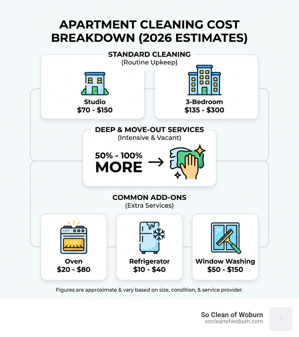 infographic showing apartment cleaning cost breakdown from studio apartments at $70-$150 for standard cleaning up to 3-bedroom units at $135-$300, with deep cleaning and move-out services costing 50-100% more, plus common add-ons like oven cleaning $20-$80, refrigerator $10-$40, and window washing $50-$150 - apartment cleaning cost infographic 