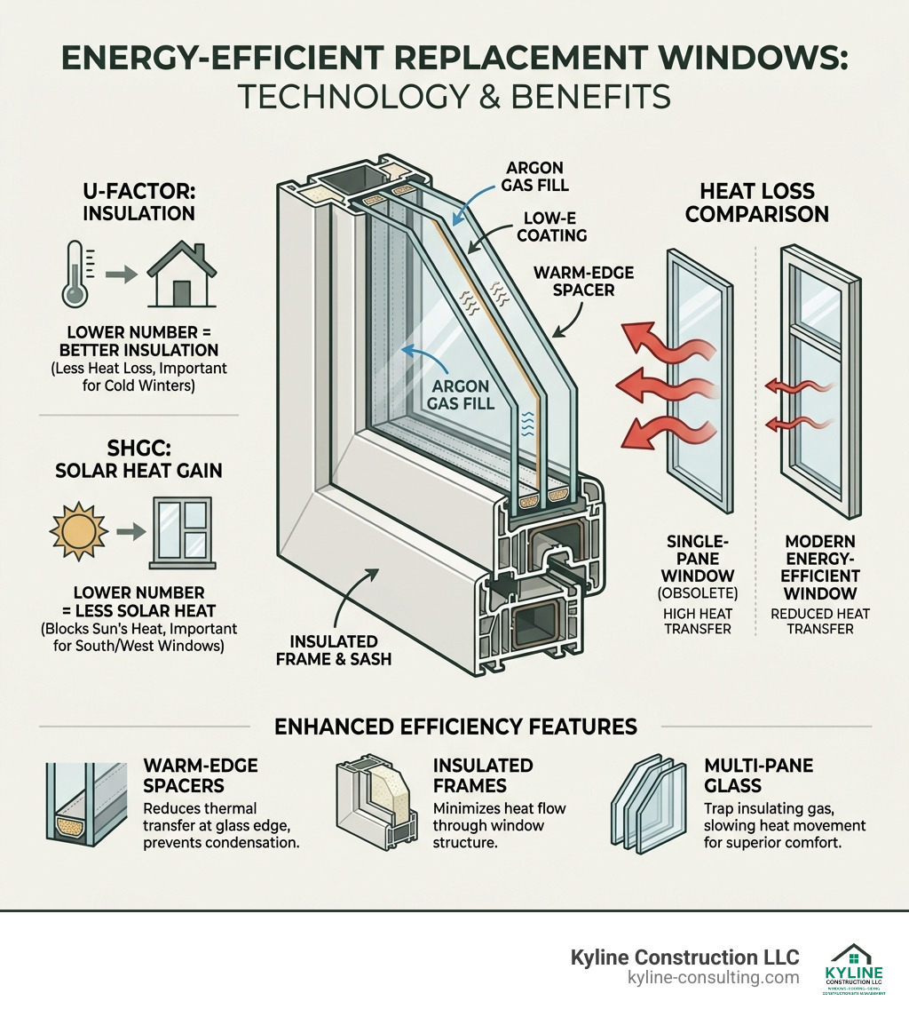 Infographic showing how energy-efficient replacement windows work: cross-section of triple-pane glass with low-E coating and argon gas fill, U-factor and SHGC ratings explained, comparison of heat loss through single-pane vs. modern windows, and breakdown of features like warm-edge spacers and insulated frames - energy-efficient replacement windows infographic 