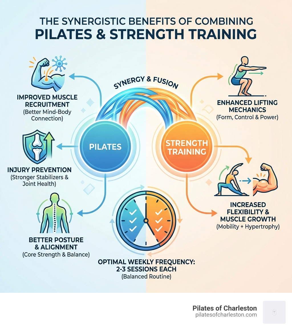 Infographic showing the synergistic benefits of combining Pilates and strength training, including improved muscle recruitment, injury prevention, enhanced lifting mechanics, better posture and alignment, increased flexibility alongside muscle growth, and optimal weekly training frequency of 2-3 sessions each - pilates and strength infographic Infographic showing the synergistic benefits of combining Pilates and strength training, including improved muscle recruitment, injury prevention, enhanced lifting mechanics, better posture and alignment, increased flexibility alongside muscle growth, and optimal weekly training frequency of 2-3 sessions each - pilates and strength infographic