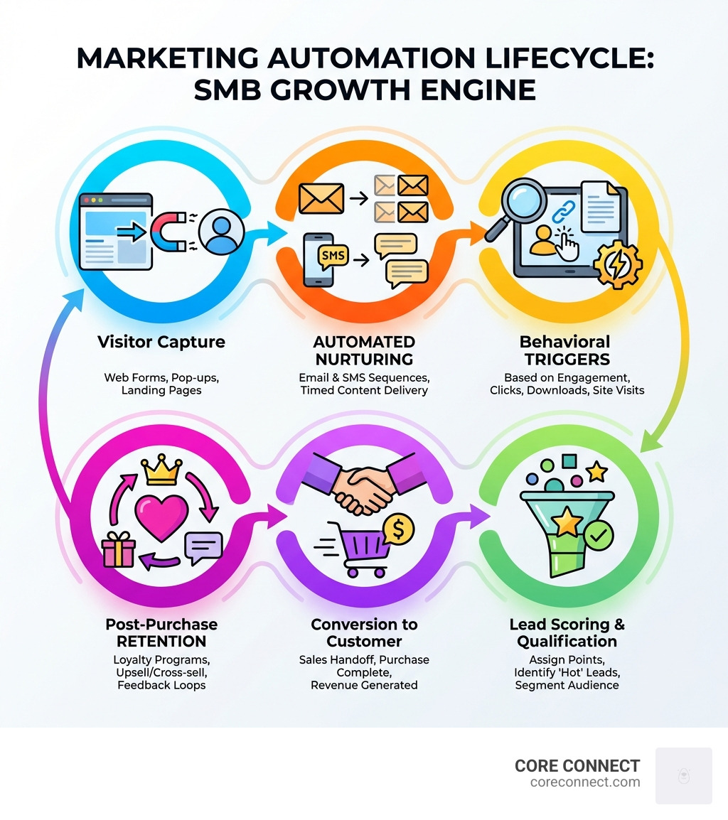 infographic showing the marketing automation lifecycle: visitor capture, automated nurturing through email and SMS, behavioral triggers based on engagement, lead scoring and qualification, conversion to customer, and post-purchase retention workflows - Marketing automation for SMB infographic infographic showing the marketing automation lifecycle: visitor capture, automated nurturing through email and SMS, behavioral triggers based on engagement, lead scoring and qualification, conversion to customer, and post-purchase retention workflows - Marketing automation for SMB infographic