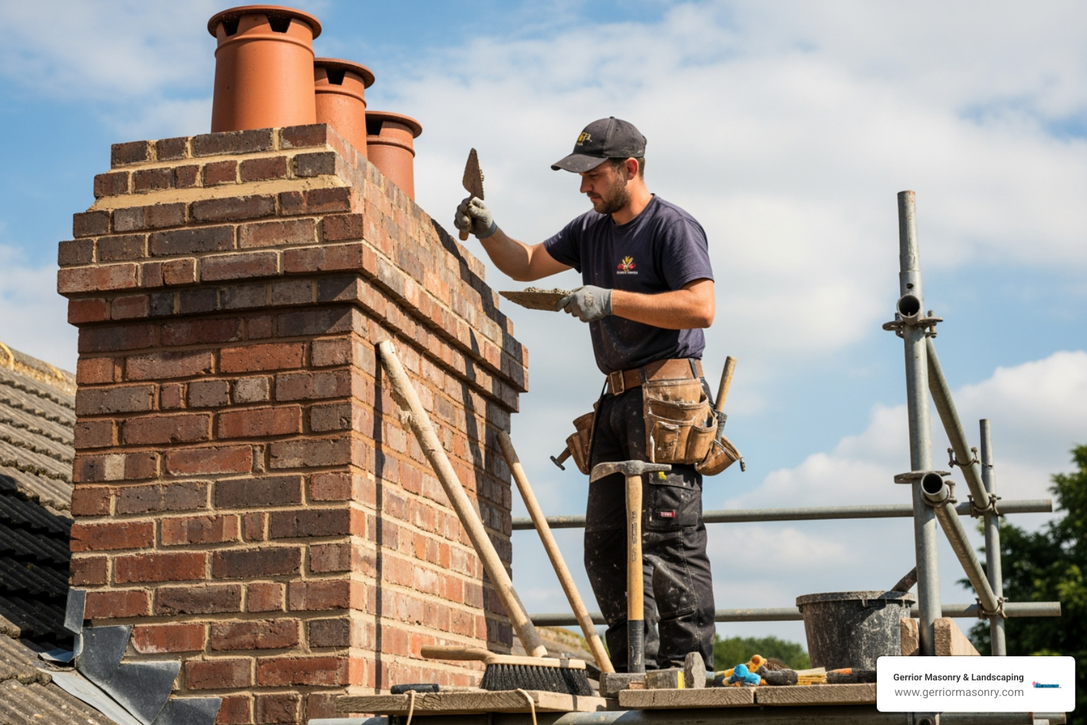 mason performing brick repointing on a chimney - Chimney repair Reading MA