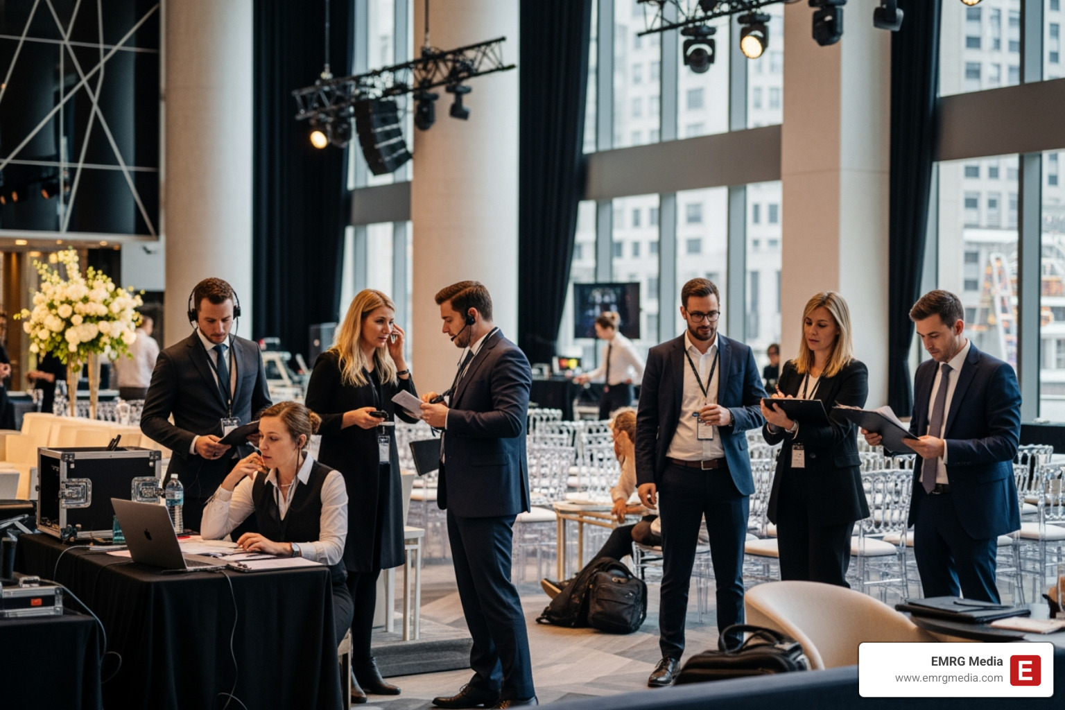 A professional team from EMRG Media coordinating a large-scale corporate launch event in Manhattan - event coordinator price list A professional team from EMRG Media coordinating a large-scale corporate launch event in Manhattan - event coordinator price list