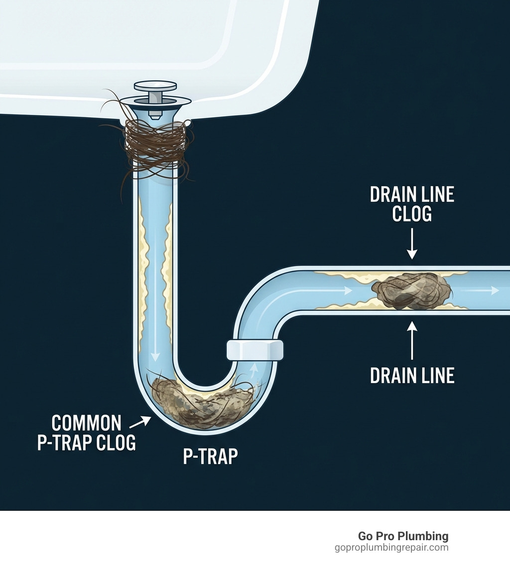 infographic showing cross-section of bathroom drain with hair wrapped around drain stopper, soap scum buildup on pipe walls, and labels indicating common clog locations in P-trap and drain line - drain clog dissolver infographic 