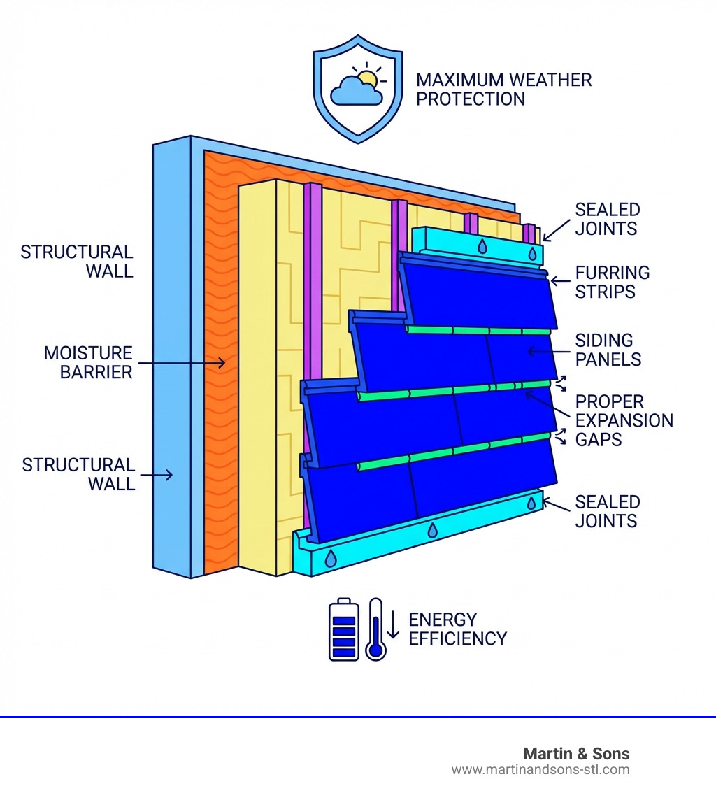 Infographic showing the layers of professional siding installation, including moisture barrier, insulation board, furring strips, siding panels, proper expansion gaps, and sealed joints for maximum weather protection and energy efficiency - house exterior siding pros infographic Infographic showing the layers of professional siding installation, including moisture barrier, insulation board, furring strips, siding panels, proper expansion gaps, and sealed joints for maximum weather protection and energy efficiency - house exterior siding pros infographic