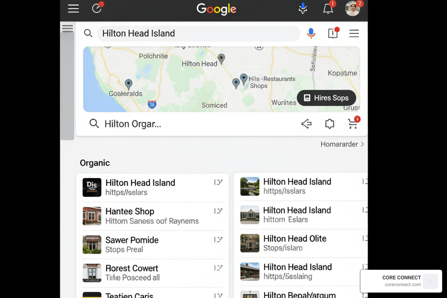 a search engine results page showing local map pack and organic listings for hilton head businesses - hilton head island seo a search engine results page showing local map pack and organic listings for hilton head businesses - hilton head island seo