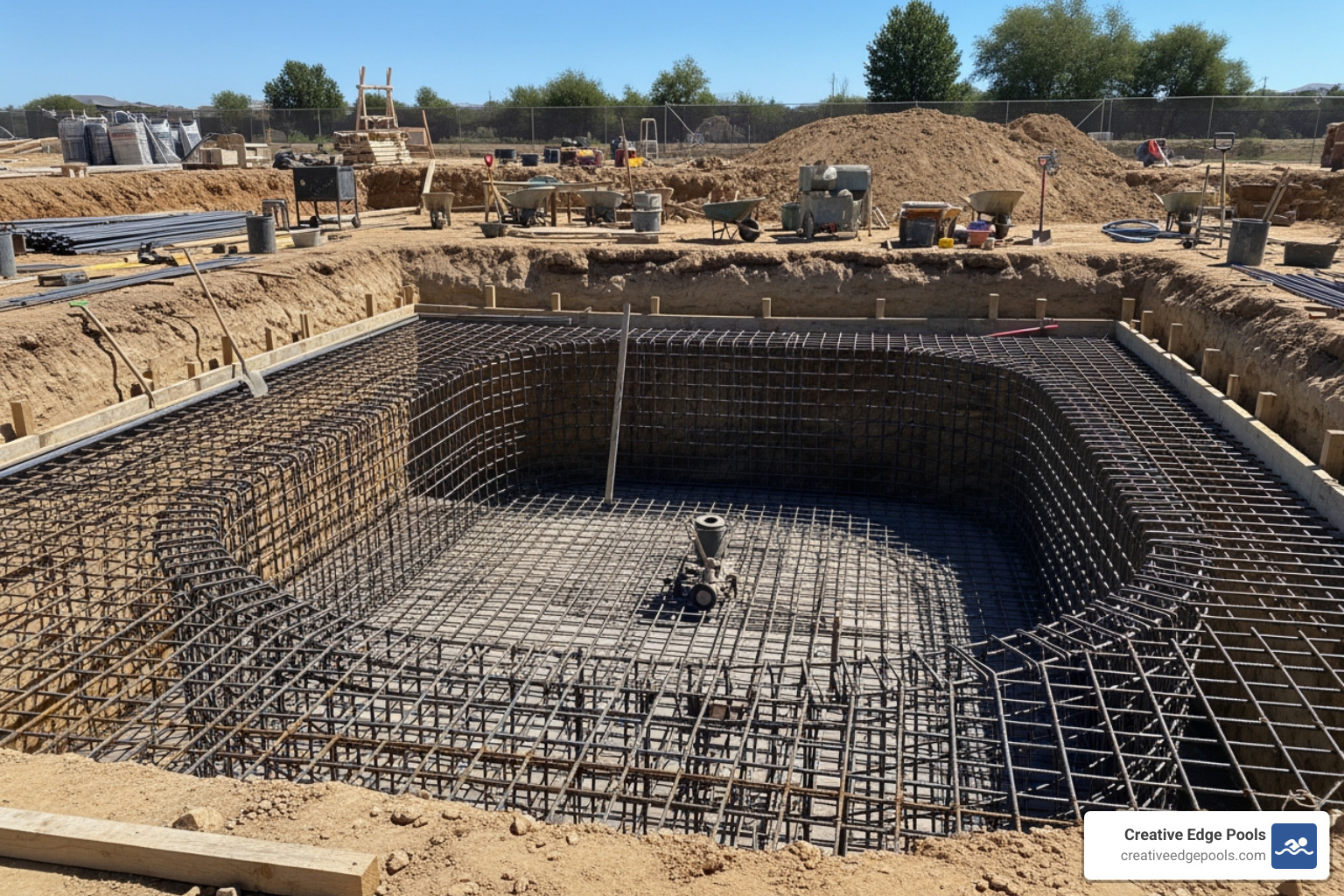 pool excavation and steel reinforcement showing the structural skeleton of a gunite pool - pool installation nh