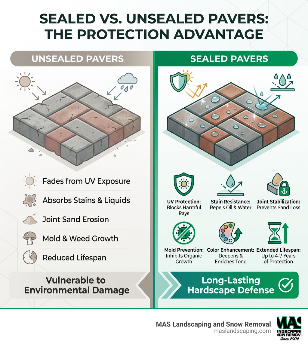infographic showing sealed vs unsealed pavers with benefits including UV protection, stain resistance, joint stabilization, mold prevention, color enhancement, and extended lifespan up to 4-7 years - pavers sealing companies near me infographic infographic showing sealed vs unsealed pavers with benefits including UV protection, stain resistance, joint stabilization, mold prevention, color enhancement, and extended lifespan up to 4-7 years - pavers sealing companies near me infographic