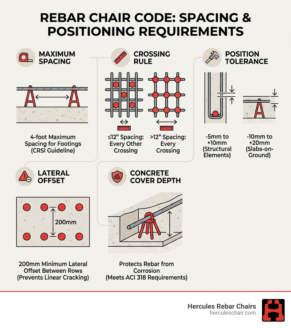 Infographic showing rebar chair spacing requirements: 4-foot maximum spacing for footings, every crossing vs every other crossing rule based on 12-inch rebar spacing threshold, position tolerance ranges of -5mm to +10mm for structural elements and -10mm to +20mm for slabs-on-ground, 200mm minimum lateral offset between chair rows, and concrete cover depth protecting rebar from corrosion - rebar chair code infographic Infographic showing rebar chair spacing requirements: 4-foot maximum spacing for footings, every crossing vs every other crossing rule based on 12-inch rebar spacing threshold, position tolerance ranges of -5mm to +10mm for structural elements and -10mm to +20mm for slabs-on-ground, 200mm minimum lateral offset between chair rows, and concrete cover depth protecting rebar from corrosion - rebar chair code infographic