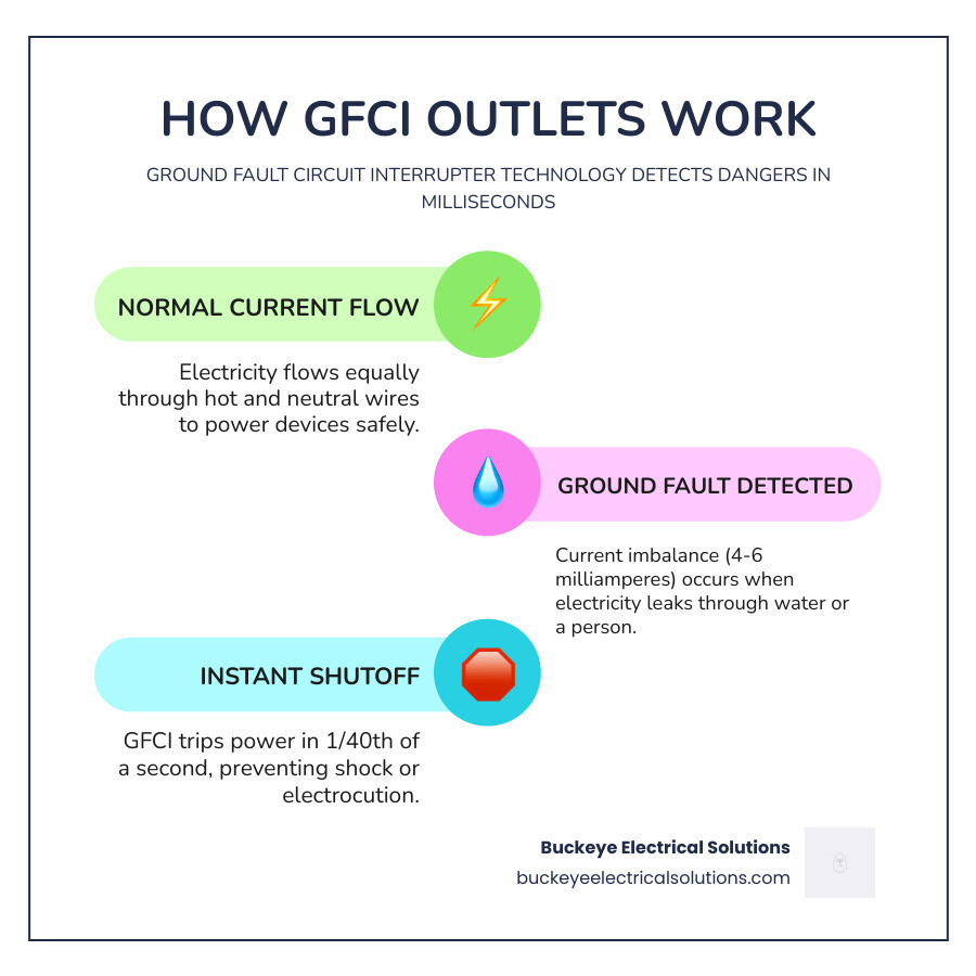 Infographic showing GFCI outlet operation: normal current flow through hot and neutral wires in balance, ground fault detected when current diverts through water or person triggering immediate shutoff within milliseconds, TEST and RESET buttons for monthly safety checks, required locations including bathrooms, kitchens, garages, basements and outdoor areas - GFCI outlet installation Avon infographic infographic-line-3-steps-colors Infographic showing GFCI outlet operation: normal current flow through hot and neutral wires in balance, ground fault detected when current diverts through water or person triggering immediate shutoff within milliseconds, TEST and RESET buttons for monthly safety checks, required locations including bathrooms, kitchens, garages, basements and outdoor areas - GFCI outlet installation Avon infographic infographic-line-3-steps-colors