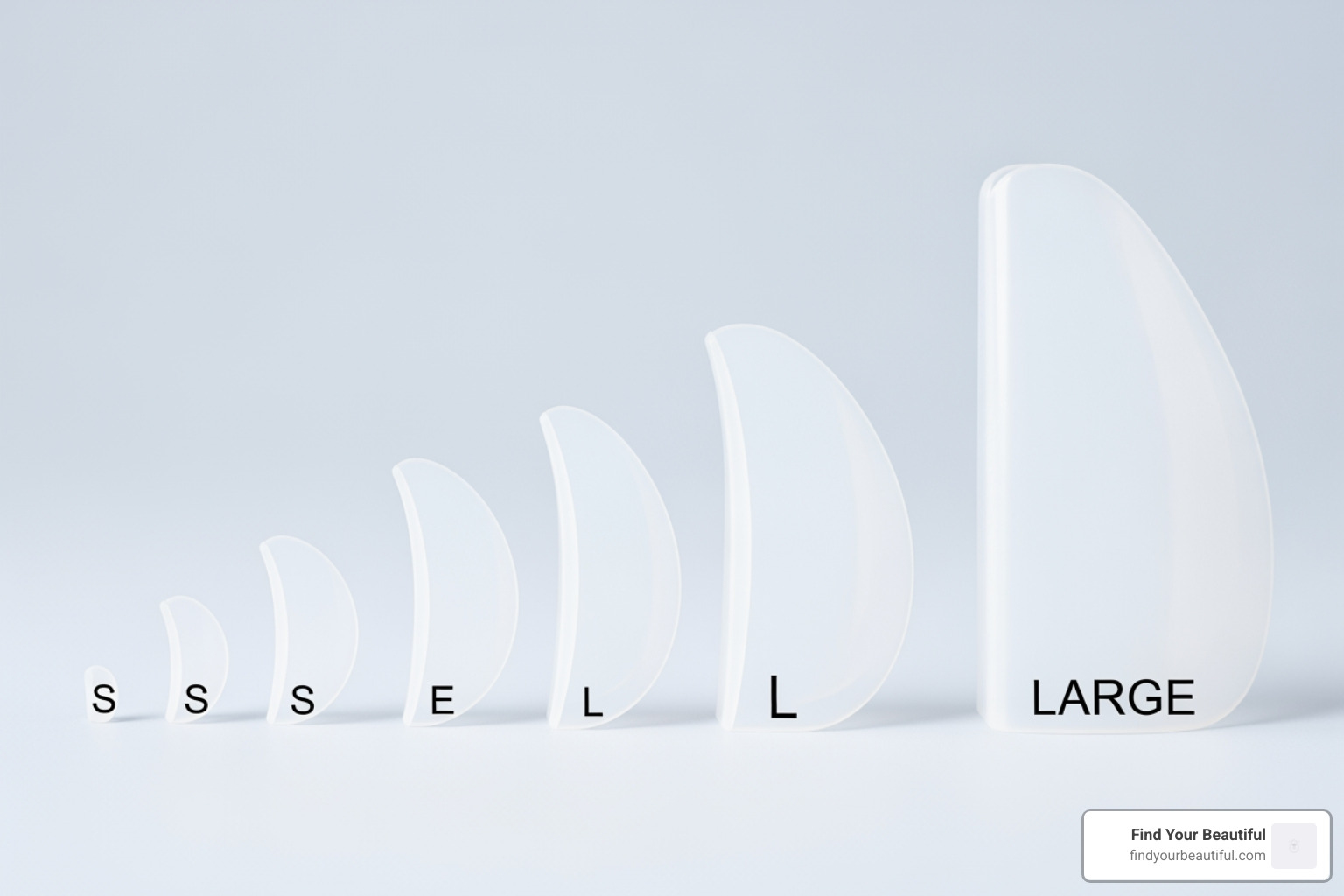 Silicone shield sizes from Small (S) to Large (L) used for customizing lash lifts - lash lift for short lashes