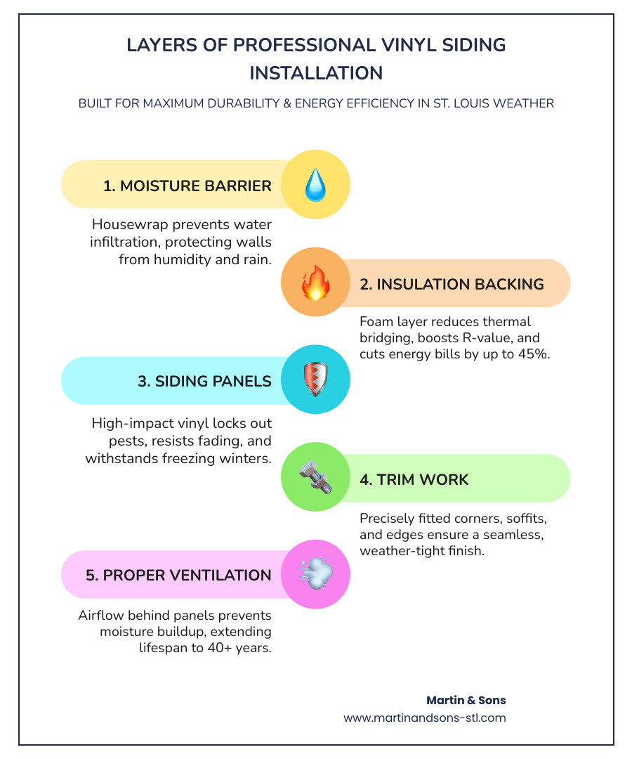 Infographic showing the layers of professional vinyl siding installation including moisture barrier, insulation backing, siding panels, trim work, and proper ventilation for maximum durability and energy efficiency in St. Louis weather conditions - st louis mo vinyl siding infographic infographic-line-5-steps-colors Infographic showing the layers of professional vinyl siding installation including moisture barrier, insulation backing, siding panels, trim work, and proper ventilation for maximum durability and energy efficiency in St. Louis weather conditions - st louis mo vinyl siding infographic infographic-line-5-steps-colors