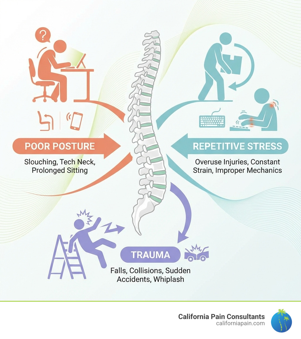 infographic explaining the common causes of spinal misalignment including poor posture, repetitive stress, and trauma - back pain san diego infographic 