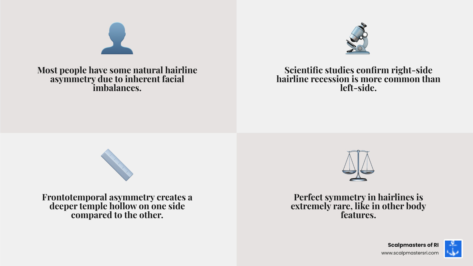 infographic showing different hairline shapes including straight, M-shaped, widow's peak, and examples of natural asymmetry with labels indicating normal variations versus signs of progressive hair loss - uneven hairline infographic 4_facts_emoji_grey