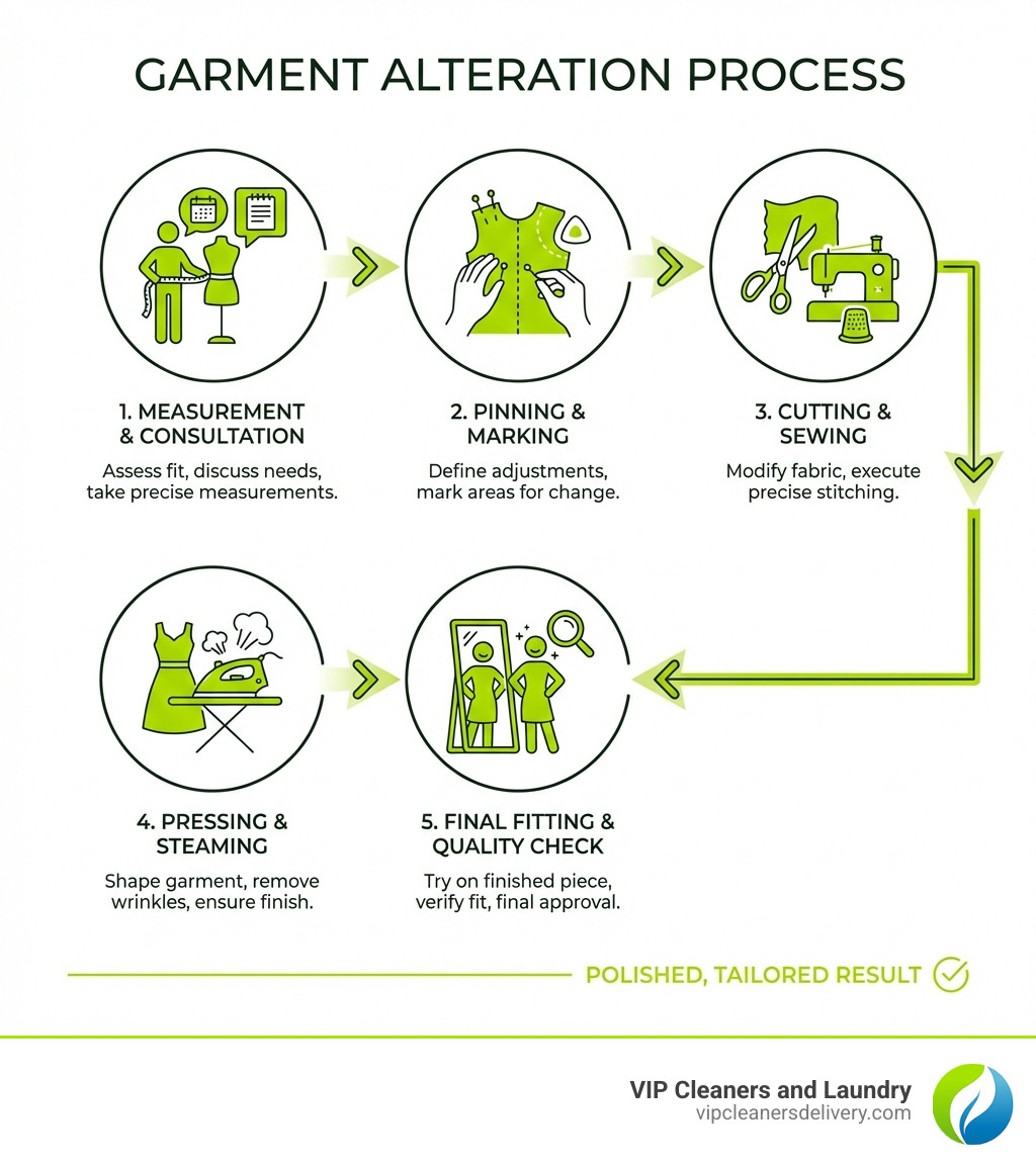 Step-by-step infographic showing the alteration process from initial measurement and consultation, pinning and marking adjustments, cutting and sewing modifications, pressing and steaming, to final fitting and quality check - alterations Pacific Beach infographic Step-by-step infographic showing the alteration process from initial measurement and consultation, pinning and marking adjustments, cutting and sewing modifications, pressing and steaming, to final fitting and quality check - alterations Pacific Beach infographic