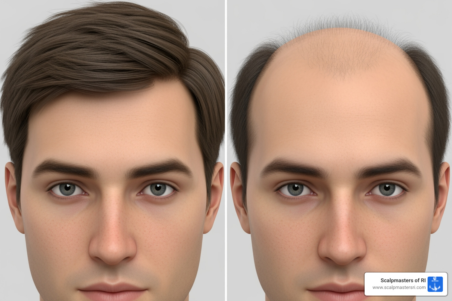 image comparing a mature hairline (even, slightly higher) to early-stage male pattern baldness (thinning at temples, asymmetrical recession) - uneven hairline