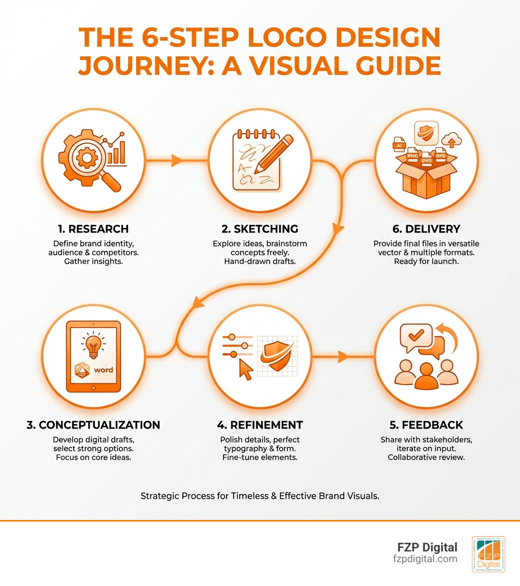 A simple visual guide to the 6-step logo design journey including research, sketching, conceptualization, refinement, feedback, and delivery. - brand logo design infographic A simple visual guide to the 6-step logo design journey including research, sketching, conceptualization, refinement, feedback, and delivery. - brand logo design infographic