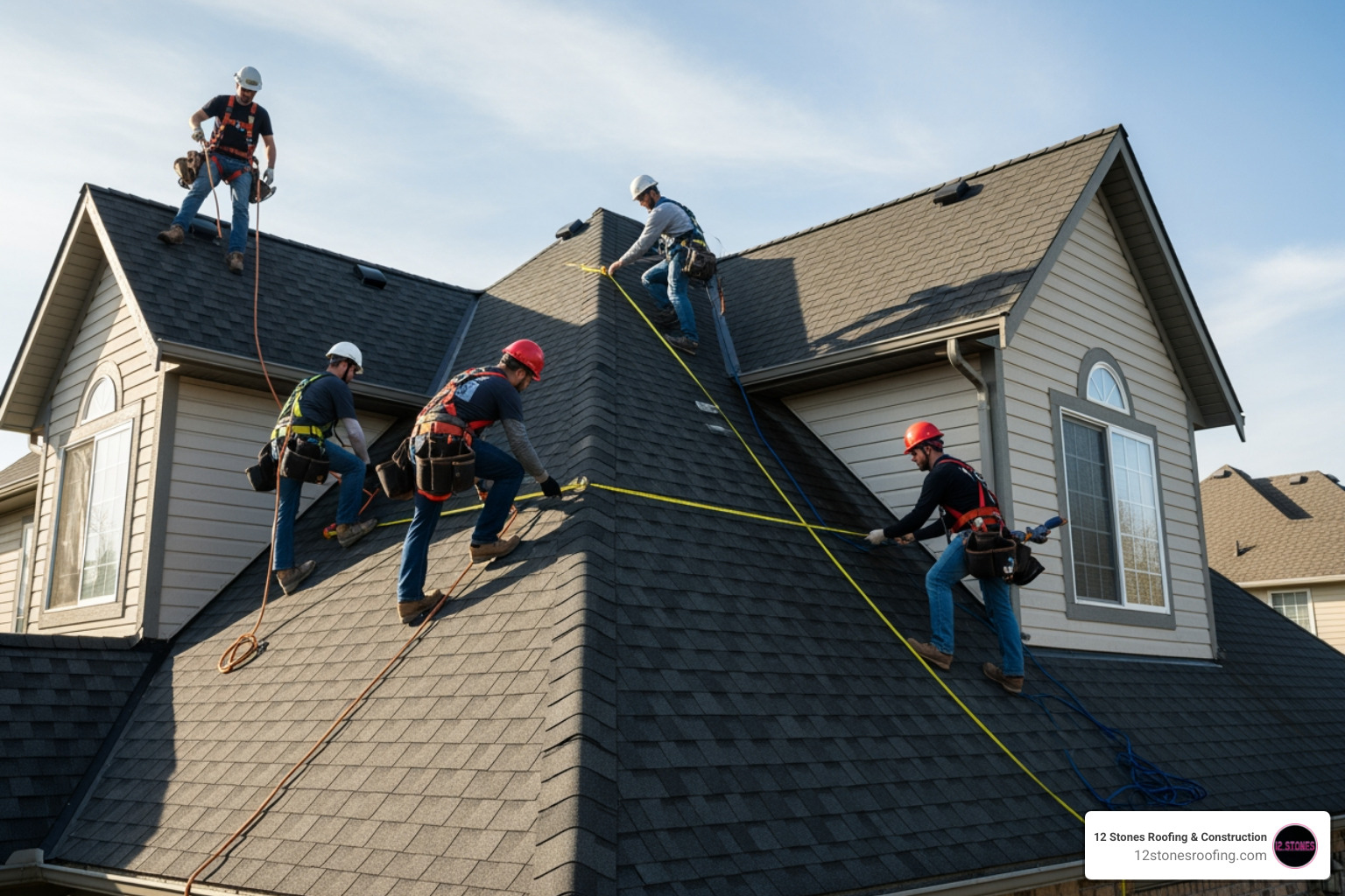 Roofing crew measuring a steep-pitched residential roof in Pasadena - residential roof replacement Pasadena TX