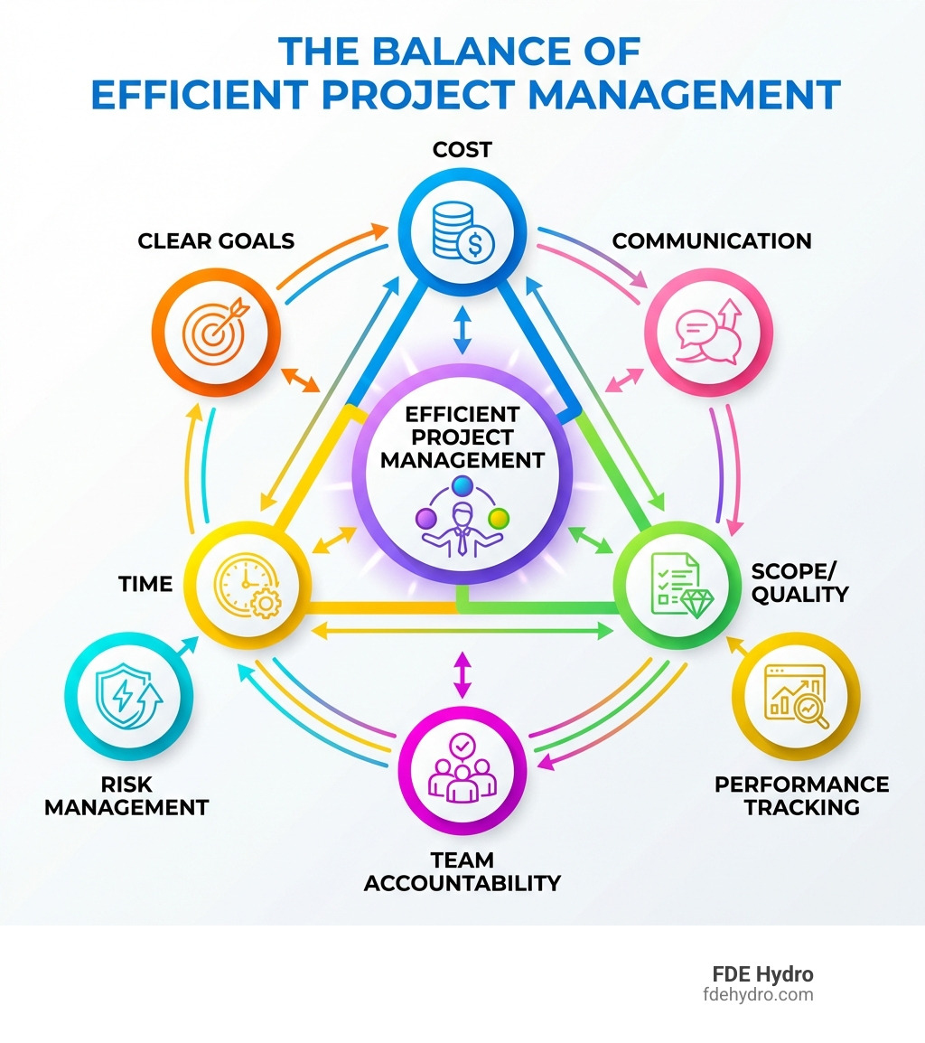 infographic showing the project management triangle with three interconnected points labeled Cost, Time, and Scope/Quality, with Efficient Project Management at the center balancing all three constraints, and icons representing key success factors: clear goals, communication, risk management, team accountability, and performance tracking - Efficient project management infographic 