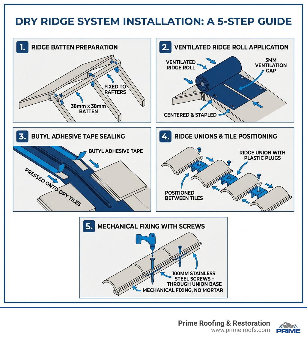 Infographic showing dry ridge system installation components and steps: ridge batten preparation with 38mm x 38mm battens fixed to rafters, ventilated ridge roll centered and stapled with 5mm ventilation gap, butyl adhesive tape pressed onto dry tiles, ridge unions with plastic plugs positioned between tiles, and 100mm stainless steel screws securing tiles through the union base for mechanical fixing without mortar - dry ridge system installation infographic 