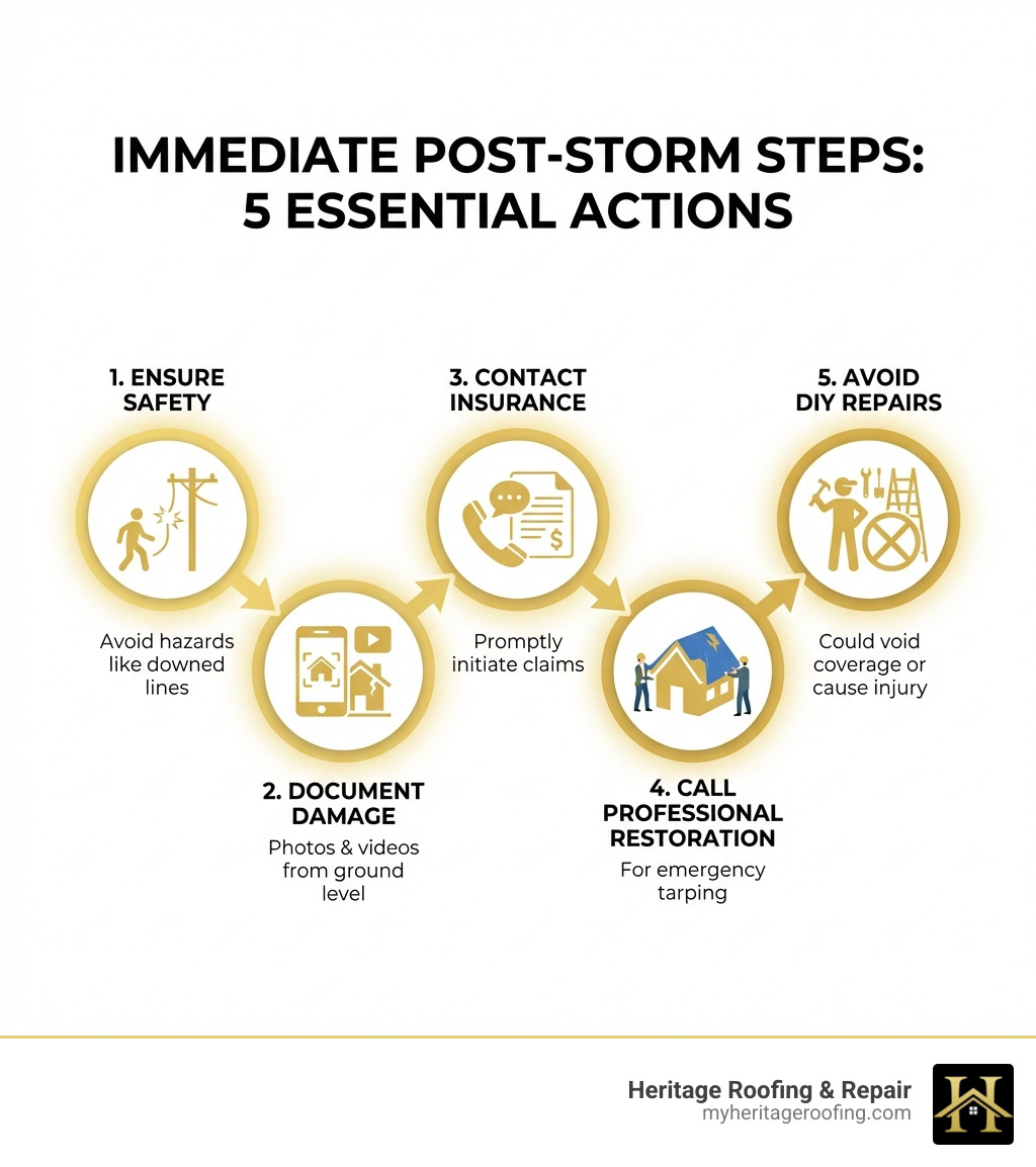 Infographic showing 5 immediate post-storm steps: 1) Ensure safety and avoid hazards like downed power lines, 2) Document all damage with photos and videos from ground level, 3) Contact your insurance company promptly to initiate claims, 4) Call professional restoration services for emergency tarping, 5) Avoid DIY repairs that could void coverage or cause injury - storm damage repair services infographic Infographic showing 5 immediate post-storm steps: 1) Ensure safety and avoid hazards like downed power lines, 2) Document all damage with photos and videos from ground level, 3) Contact your insurance company promptly to initiate claims, 4) Call professional restoration services for emergency tarping, 5) Avoid DIY repairs that could void coverage or cause injury - storm damage repair services infographic