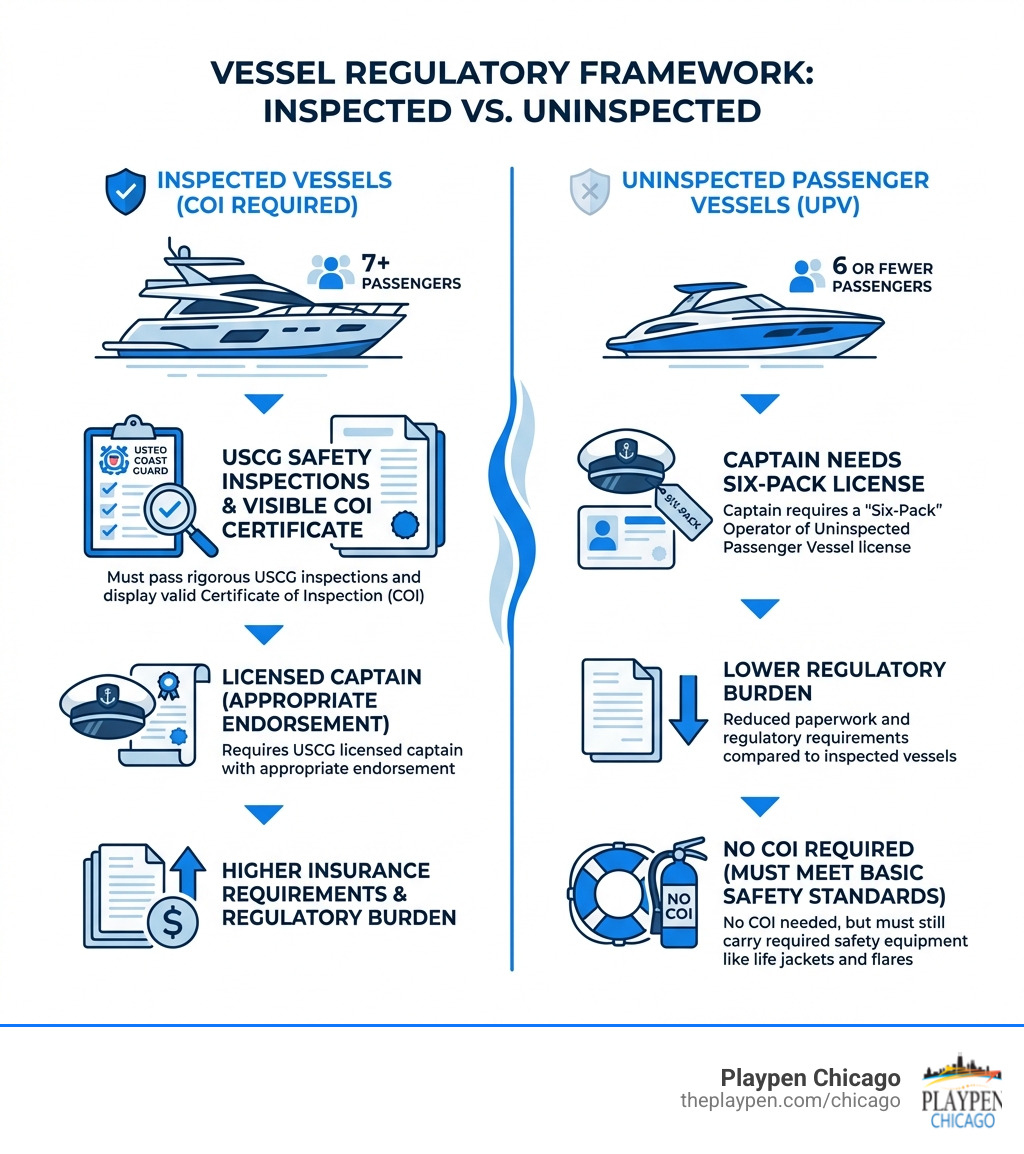 Infographic showing the difference between inspected vessels requiring COI (7+ passengers, must pass USCG safety inspections, display visible COI certificate, require licensed captain with appropriate endorsement, higher insurance requirements) and uninspected passenger vessels or UPV (6 or fewer passengers, captain needs six-pack license, lower regulatory burden, no COI required, still must meet basic safety equipment standards) - certificate of inspection charter chicago infographic 