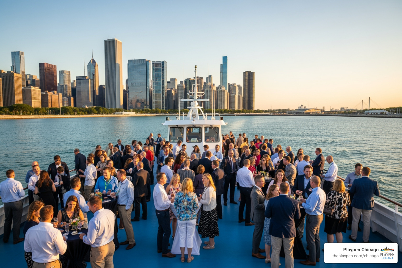 A large group of people celebrating a corporate event on a large, commercially inspected charter vessel in front of the Chicago skyline - certificate of inspection charter chicago