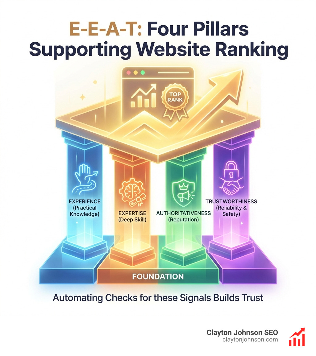 Infographic showing E-E-A-T factors: Experience, Expertise, Authoritativeness, and Trustworthiness as four pillars supporting a website's ranking - how to automate content audits infographic 