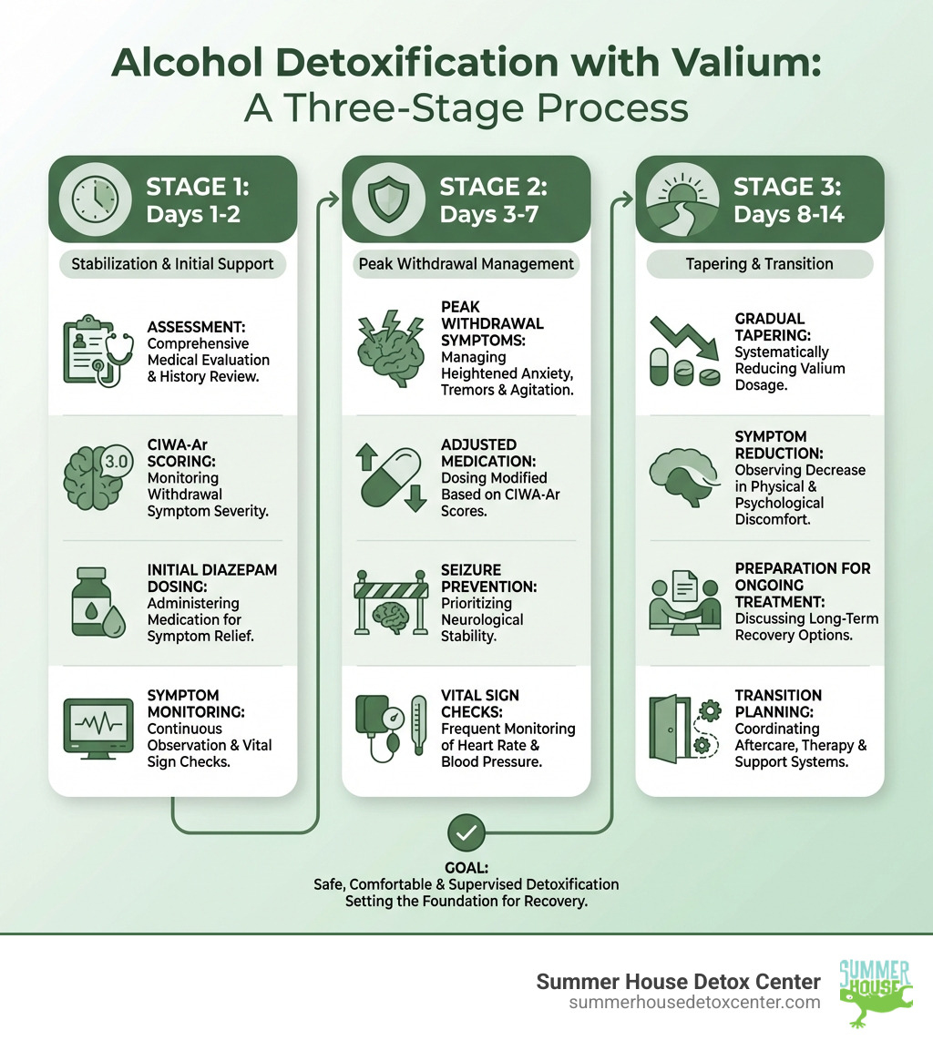 Infographic showing the stages of alcohol detoxification with Valium: Stage 1 (Days 1-2) includes assessment, CIWA-Ar scoring, initial diazepam dosing, and symptom monitoring; Stage 2 (Days 3-7) shows peak withdrawal symptoms, adjusted medication, seizure prevention, and vital sign checks; Stage 3 (Days 8-14) displays gradual tapering, symptom reduction, preparation for ongoing treatment, and transition planning - valium for detox infographic 