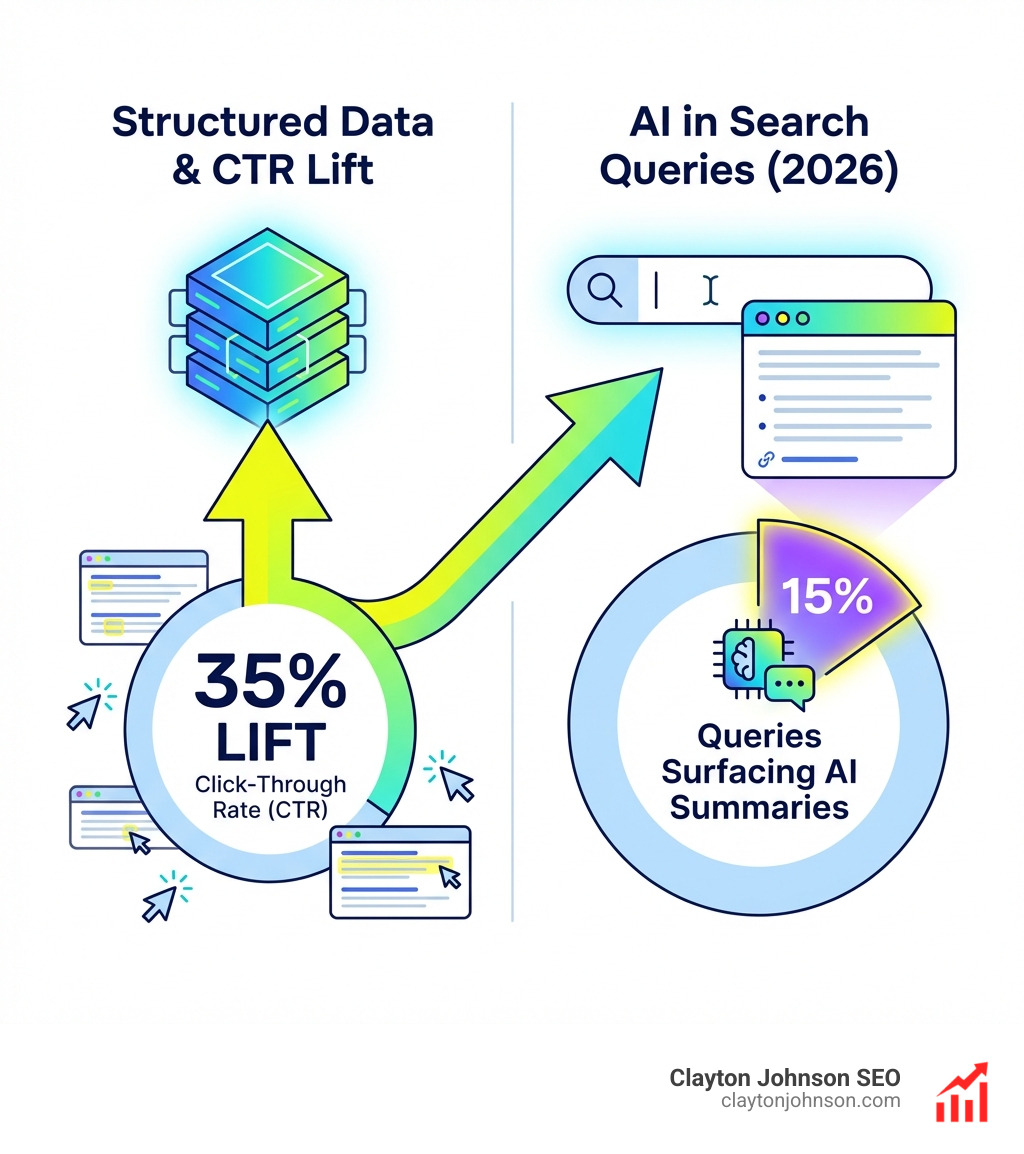 Stat: Structured data can lift CTR by roughly 35%, with 15% of queries now surfacing AI summaries - how to use ai for on-page seo infographic Stat: Structured data can lift CTR by roughly 35%, with 15% of queries now surfacing AI summaries - how to use ai for on-page seo infographic