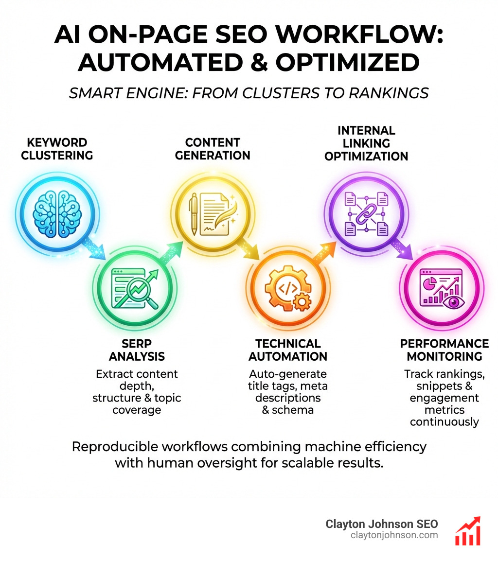 Infographic showing the AI on-page SEO workflow: keyword clustering → SERP analysis → content generation → technical automation → internal linking optimization → performance monitoring - how to use ai for on-page seo infographic Infographic showing the AI on-page SEO workflow: keyword clustering → SERP analysis → content generation → technical automation → internal linking optimization → performance monitoring - how to use ai for on-page seo infographic