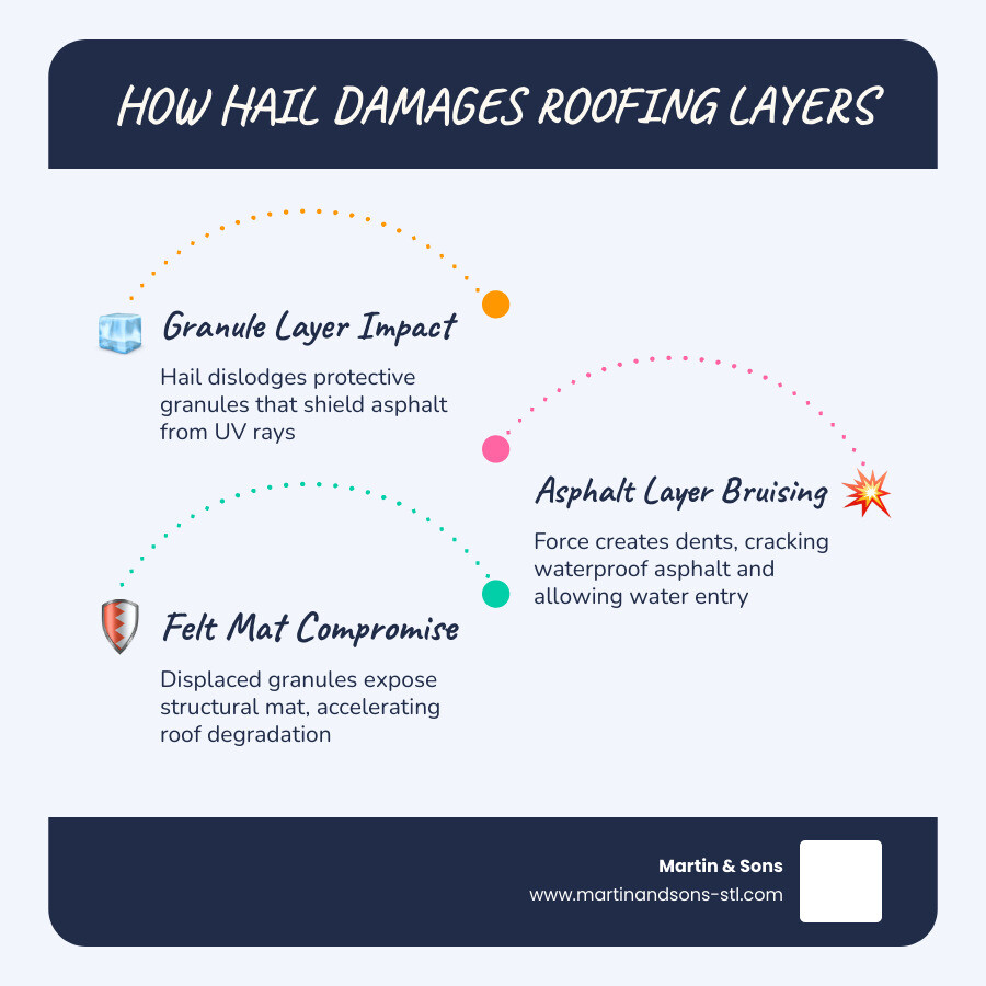 infographic showing how hail impacts roofing layers: outer granule layer protects from UV damage, middle asphalt layer provides waterproofing, inner felt mat gives structural support; hail dents force granules into mat or displace them entirely, exposing asphalt to UV degradation and shortening roof lifespan; severity depends on hail size, wind speed, impact angle, and existing roof condition - hail damage roof repair st louis infographic infographic-line-3-steps-blues-accent_colors infographic showing how hail impacts roofing layers: outer granule layer protects from UV damage, middle asphalt layer provides waterproofing, inner felt mat gives structural support; hail dents force granules into mat or displace them entirely, exposing asphalt to UV degradation and shortening roof lifespan; severity depends on hail size, wind speed, impact angle, and existing roof condition - hail damage roof repair st louis infographic infographic-line-3-steps-blues-accent_colors
