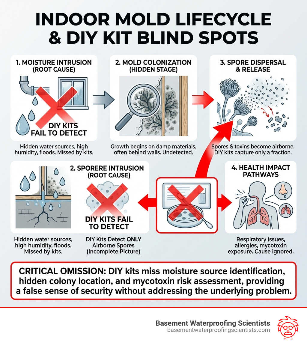 Infographic showing the complete indoor mold lifecycle from moisture intrusion through spore dispersal, including water damage sources, mold colonization stages, spore release patterns, and health impact pathways that DIY kits fail to detect - home mold detection kits infographic 