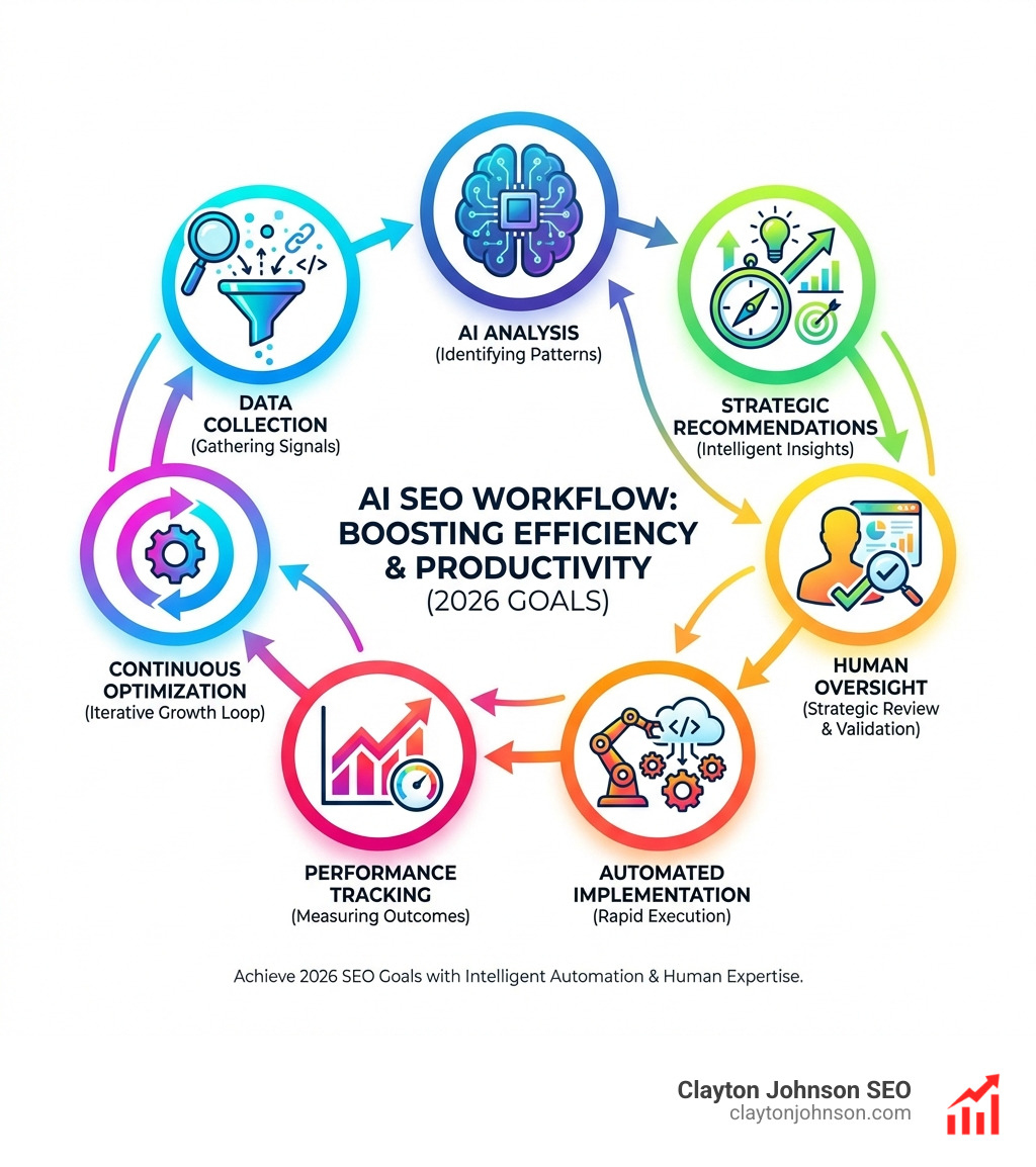 Infographic showing AI SEO workflow: Data Collection → AI Analysis → Strategic Recommendations → Human Oversight → Automated Implementation → Performance Tracking → Continuous Optimization - how seos use ai: boosting efficiency and productivity in 2024 infographic Infographic showing AI SEO workflow: Data Collection → AI Analysis → Strategic Recommendations → Human Oversight → Automated Implementation → Performance Tracking → Continuous Optimization - how seos use ai: boosting efficiency and productivity in 2024 infographic