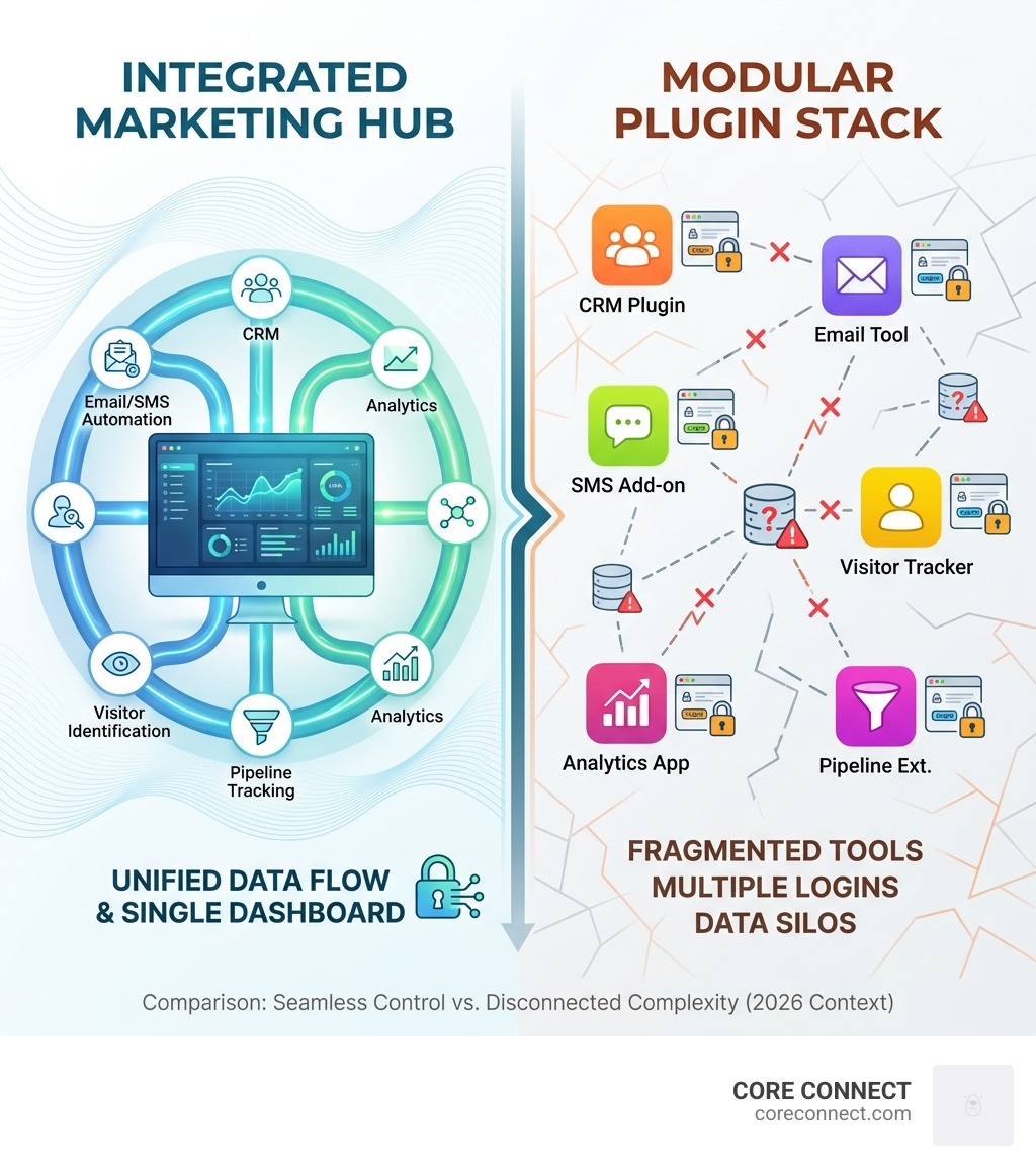 Infographic comparing integrated marketing hub approach versus modular plugin stack, showing unified data flow and single dashboard on the left versus fragmented tools with multiple logins and data silos on the right - Reveal Marketing Hub vs Plugins infographic Infographic comparing integrated marketing hub approach versus modular plugin stack, showing unified data flow and single dashboard on the left versus fragmented tools with multiple logins and data silos on the right - Reveal Marketing Hub vs Plugins infographic