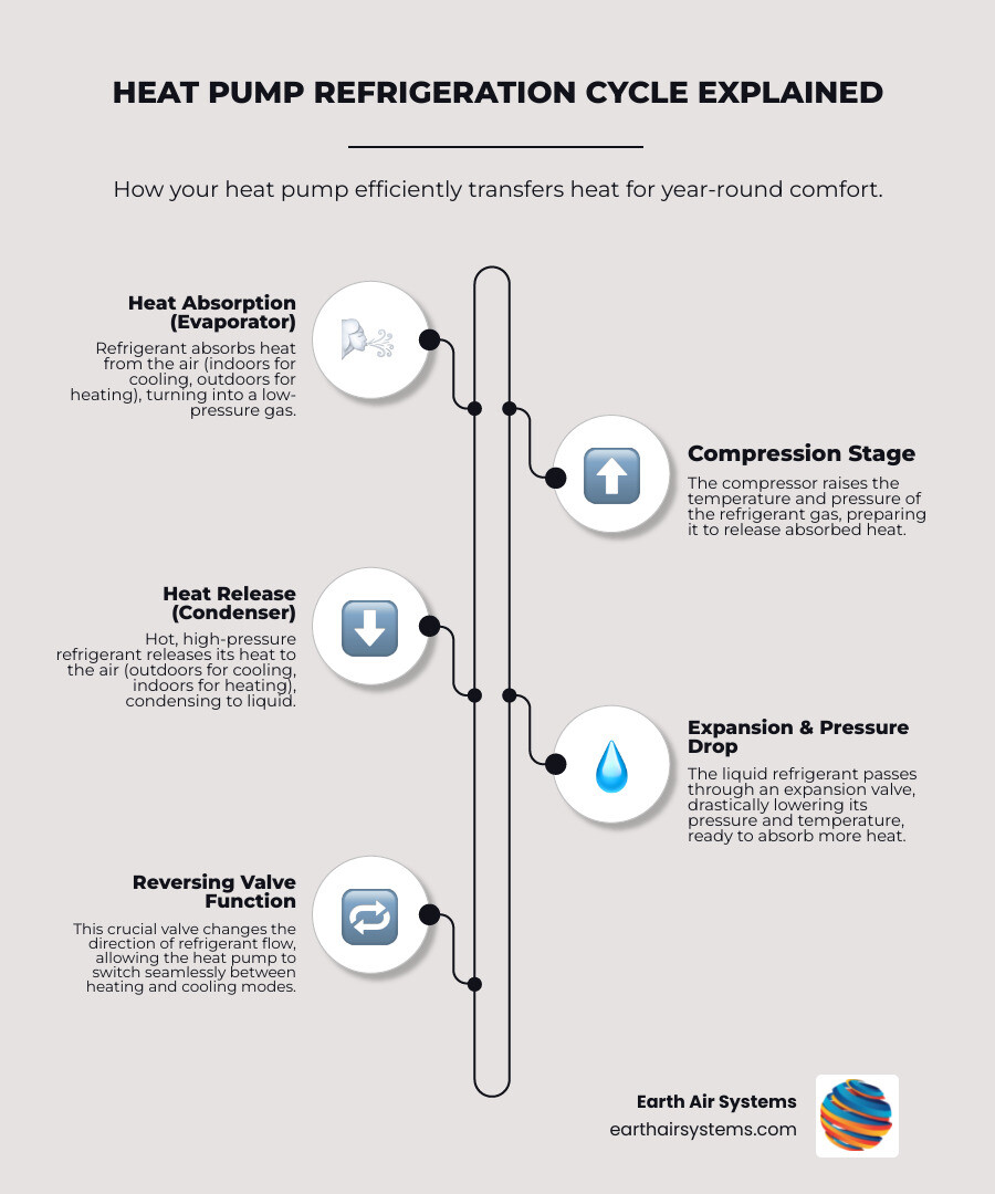Infographic showing the heat pump refrigeration cycle with labeled components: outdoor unit, indoor unit, compressor, reversing valve, refrigerant lines, and arrows indicating heat transfer direction for both heating and cooling modes - heat pump repair in chula vista ca infographic infographic-line-5-steps-elegant_beige
