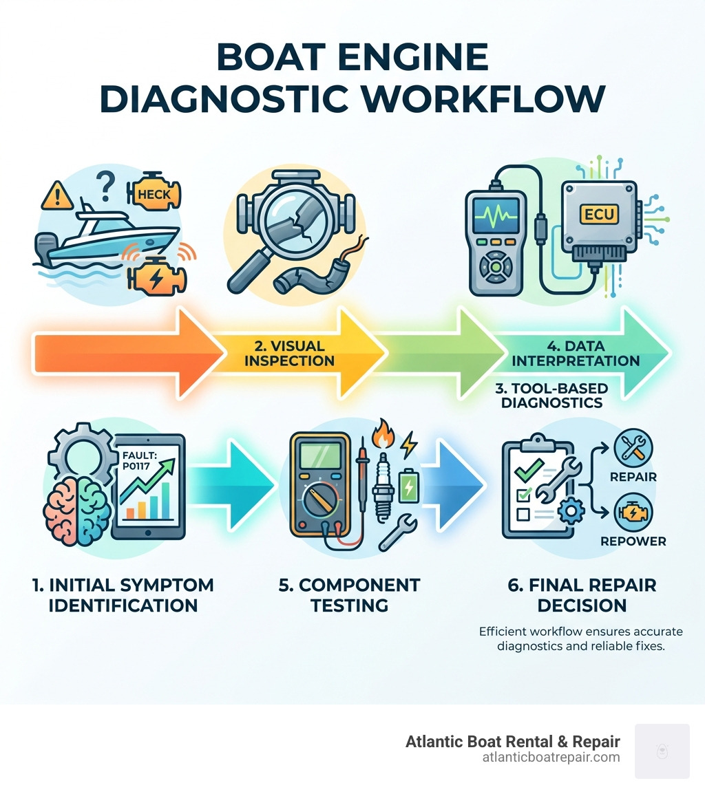 infographic showing diagnostic workflow from initial symptom identification through visual inspection, tool-based diagnostics, data interpretation, component testing, and final repair decision - boat engine diagnostics infographic infographic showing diagnostic workflow from initial symptom identification through visual inspection, tool-based diagnostics, data interpretation, component testing, and final repair decision - boat engine diagnostics infographic