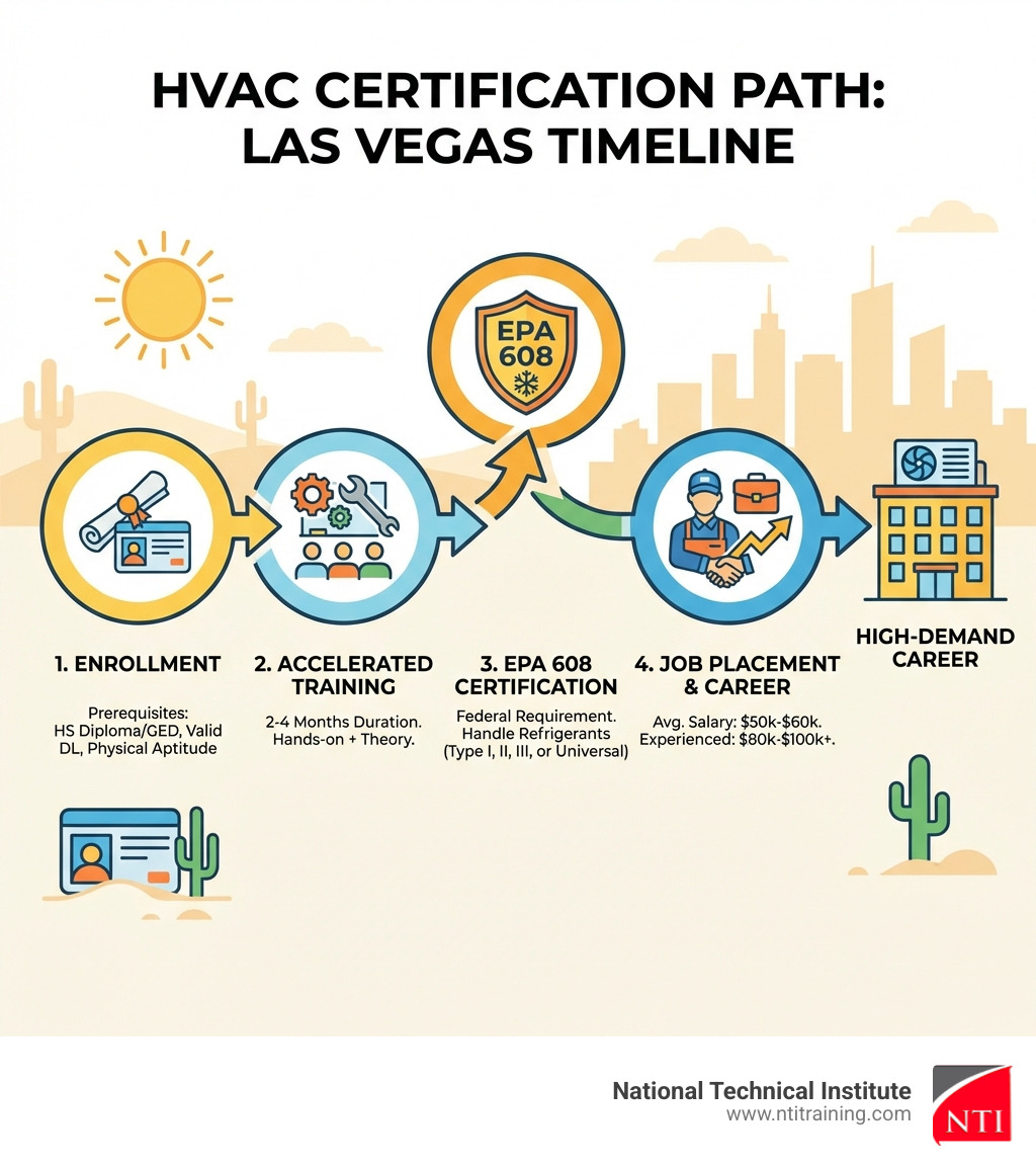 Step-by-step path to HVAC certification in Las Vegas showing timeline from enrollment through EPA certification to job placement - hvac certification las vegas infographic Step-by-step path to HVAC certification in Las Vegas showing timeline from enrollment through EPA certification to job placement - hvac certification las vegas infographic