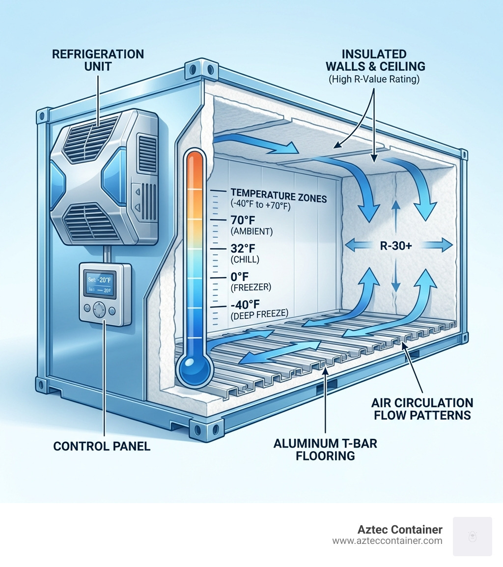 Infographic showing reefer container cross-section with labeled components: refrigeration unit mounted on front wall, insulated walls and ceiling with R-value ratings, aluminum T-bar flooring, air circulation flow patterns, control panel placement, and temperature zones from -40°F to +70°F - reefer shipping containers for sale infographic 