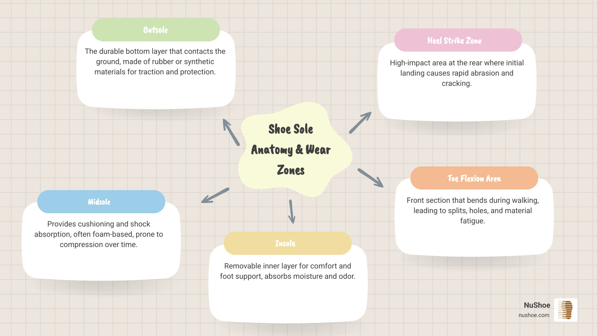 infographic showing shoe sole anatomy with labeled parts including outsole, midsole, insole, and common wear patterns at heel strike zone, ball of foot pressure points, and toe flexion areas with color-coded severity indicators - Shoe sole repair kit infographic mindmap-5-items