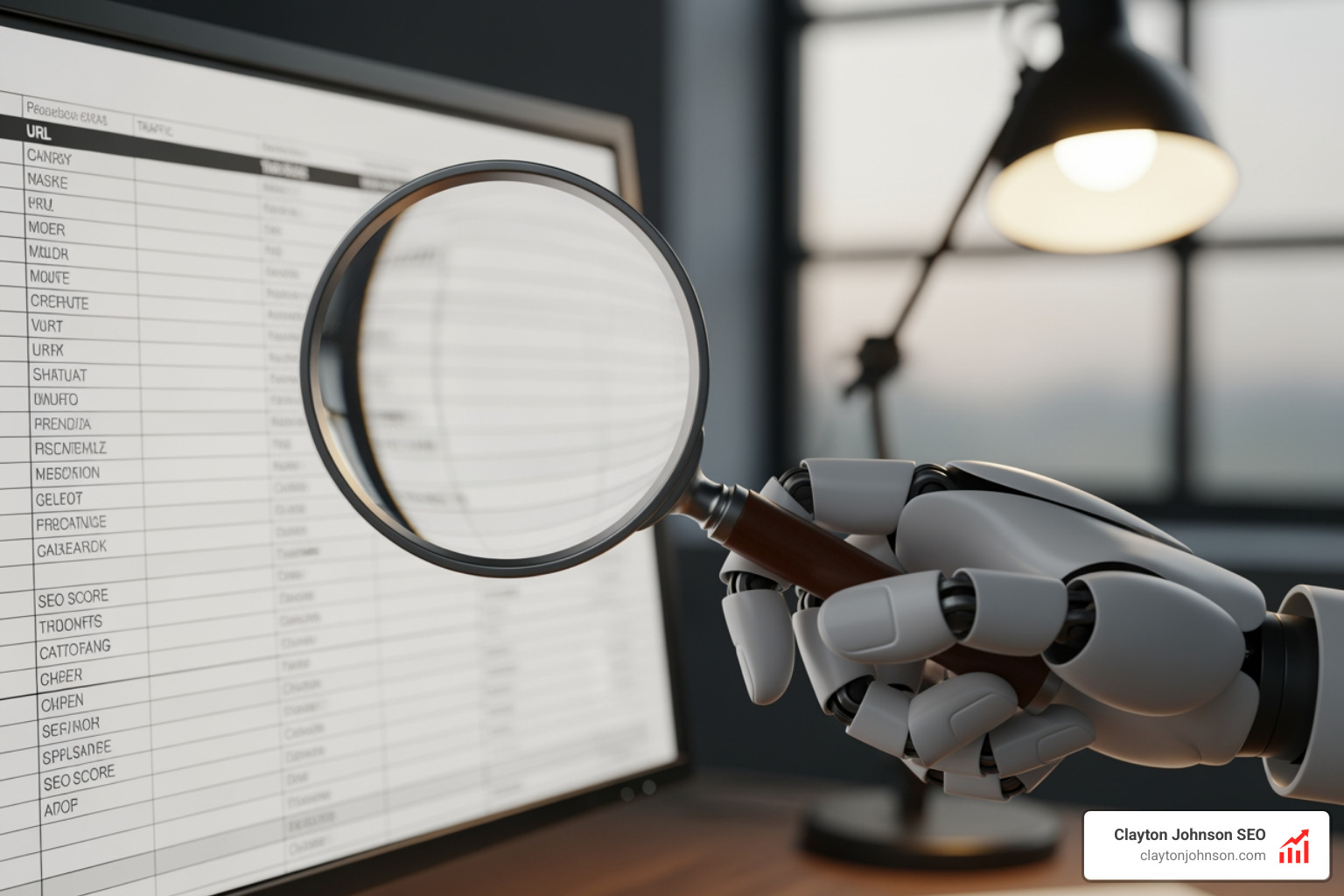Robot hand holding a magnifying glass over a spreadsheet with columns for URL, Traffic, and SEO Score - how to automate content audits