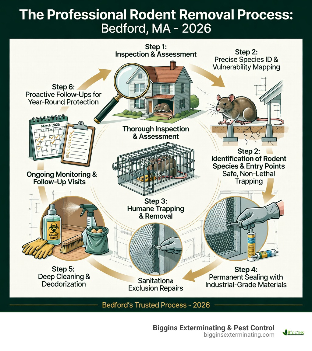 Infographic showing the professional rodent removal process: inspection and assessment, identification of rodent species and entry points, humane trapping and removal, exclusion repairs with steel mesh and sealants, sanitation and odor control, ongoing monitoring and follow-up visits - rodent removal Bedford MA infographic 