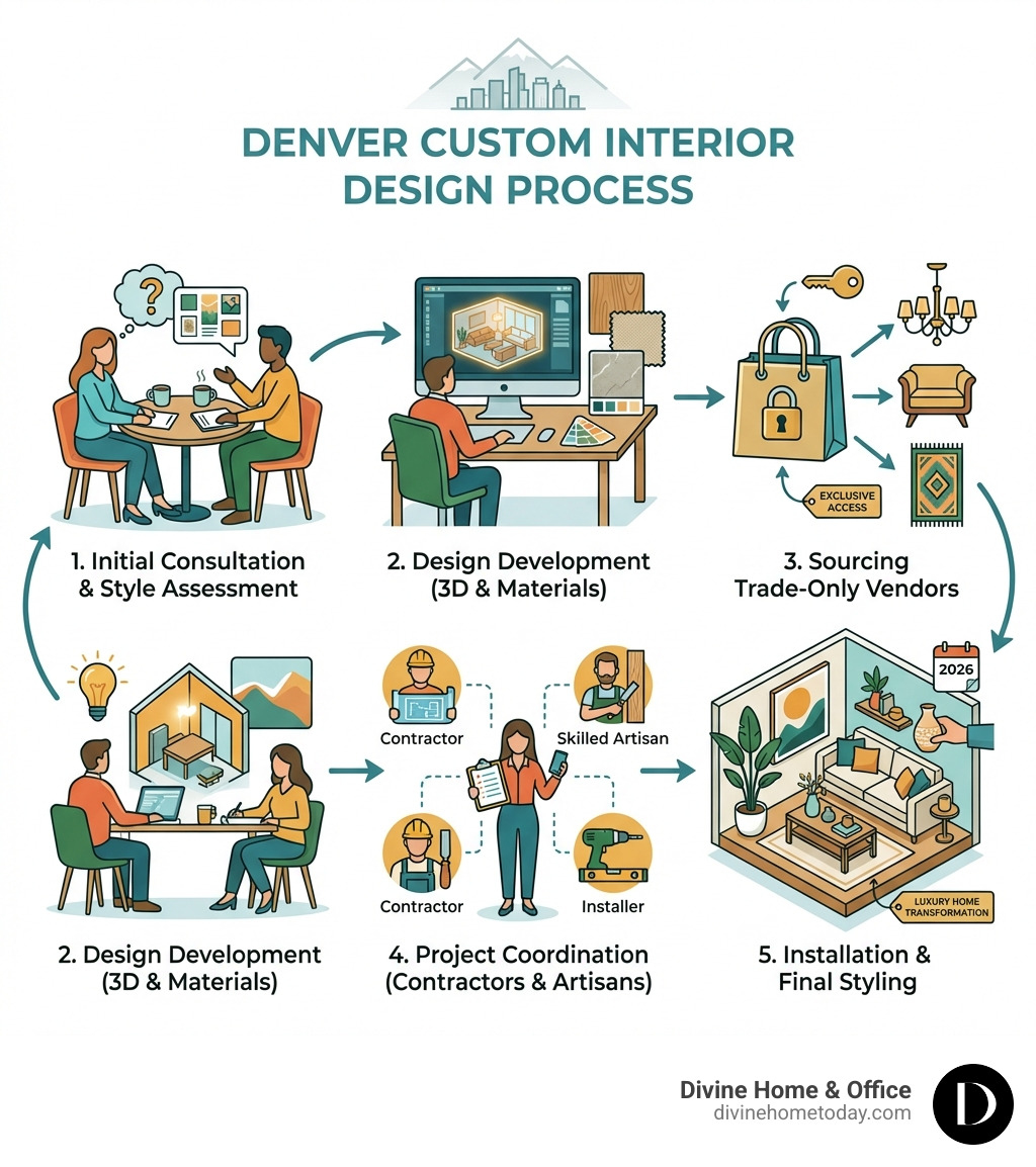 Infographic showing the Denver custom interior design process: 1. Initial consultation and style assessment, 2. Design development with 3D renderings and material selection, 3. Sourcing from trade-only vendors, 4. Project coordination with contractors and artisans, 5. Installation and final styling - denver custom interior design infographic Infographic showing the Denver custom interior design process: 1. Initial consultation and style assessment, 2. Design development with 3D renderings and material selection, 3. Sourcing from trade-only vendors, 4. Project coordination with contractors and artisans, 5. Installation and final styling - denver custom interior design infographic