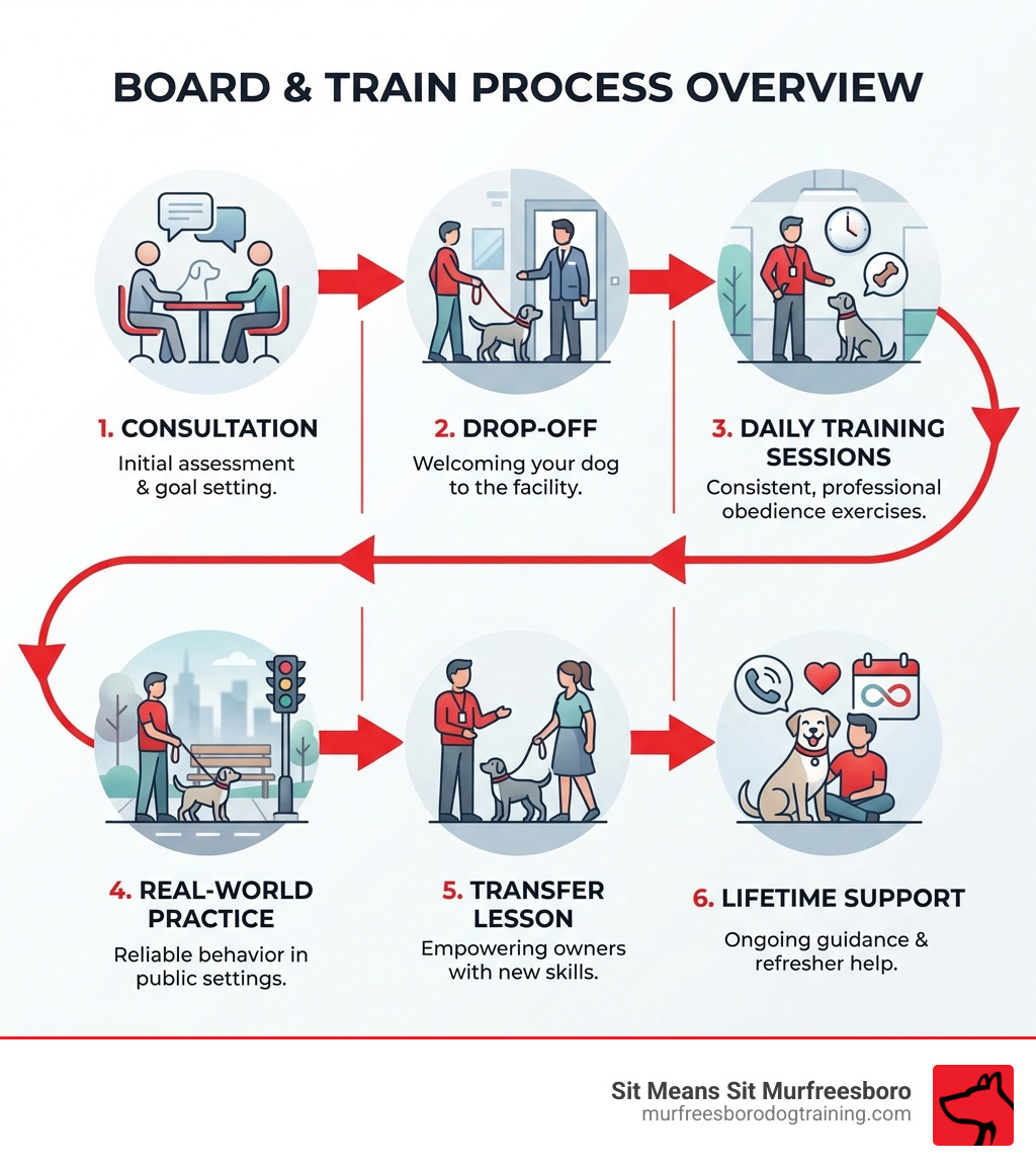 board and train process infographic showing consultation, drop-off, daily training sessions, real-world practice, transfer lesson, and lifetime support - board and train murfreesboro infographic 