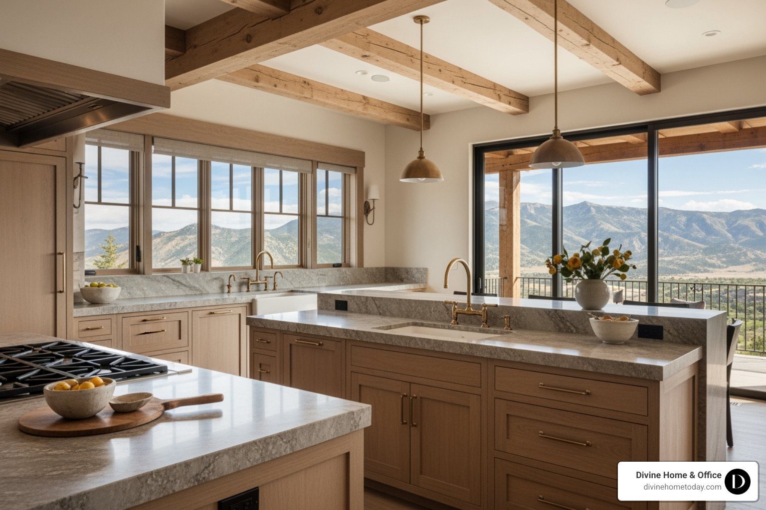 High-end modern mountain kitchen in a million-dollar Denver home with stone countertops and natural wood cabinetry - denver custom interior design High-end modern mountain kitchen in a million-dollar Denver home with stone countertops and natural wood cabinetry - denver custom interior design