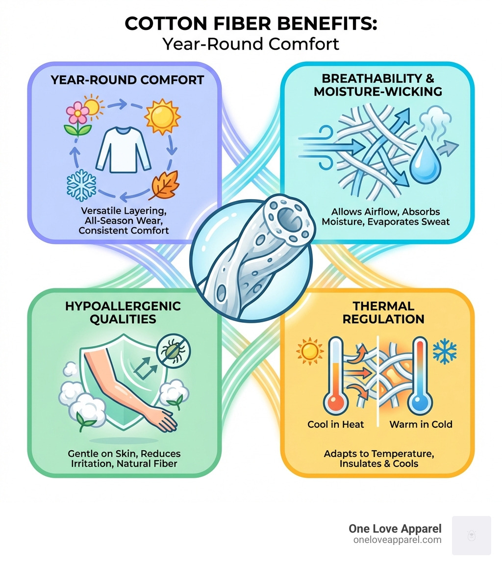 infographic showing the structure of cotton fibers, their breathability properties, moisture-wicking capabilities, natural hypoallergenic qualities, and thermal regulation benefits that make cotton long sleeves ideal for year-round comfort - cotton long sleeve infographic 